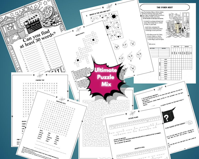 Op de afbeelding: Een verzameling zwart-wit activiteitenbladen met woordzoekers, kruiswoordpuzzels, logische puzzels en doolhoven. Een centrale roze sterfiguur bevat de tekst Ultimate Puzzle Mix, omringd door diverse bedrukte pagina's met illustraties en tekst.