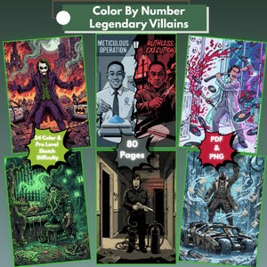 Könnte beinhalten: Ein digitales Malbuch mit dem Titel Color By Number Legendary Villains mit 80 Seiten voller Illustrationen, darunter The Joker, Gus Fring, Patrick Bateman, Davy Jones, Anton Chigurh und Bane. Die bereitgestellten Dateiformate sind PDF und PNG.