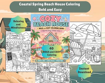 Dibujos para colorear de una casa de playa con temática oceánica en primavera / 40 páginas con escenas acogedoras y vibrantes de estilo Hygge