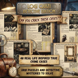 May include: Logi Quizi Detective Edition game set featuring multiple case file folders with text, grid puzzles, and illustrations of crime scenes. Includes a brown leather-style bag, a pocket watch, a magnifying glass, and a folding knife.