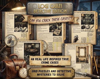 Juego de detectives LogiQuizi: 48 rompecabezas de lógica de crímenes reales, un juego para ejercitar la mente (PDF imprimible)