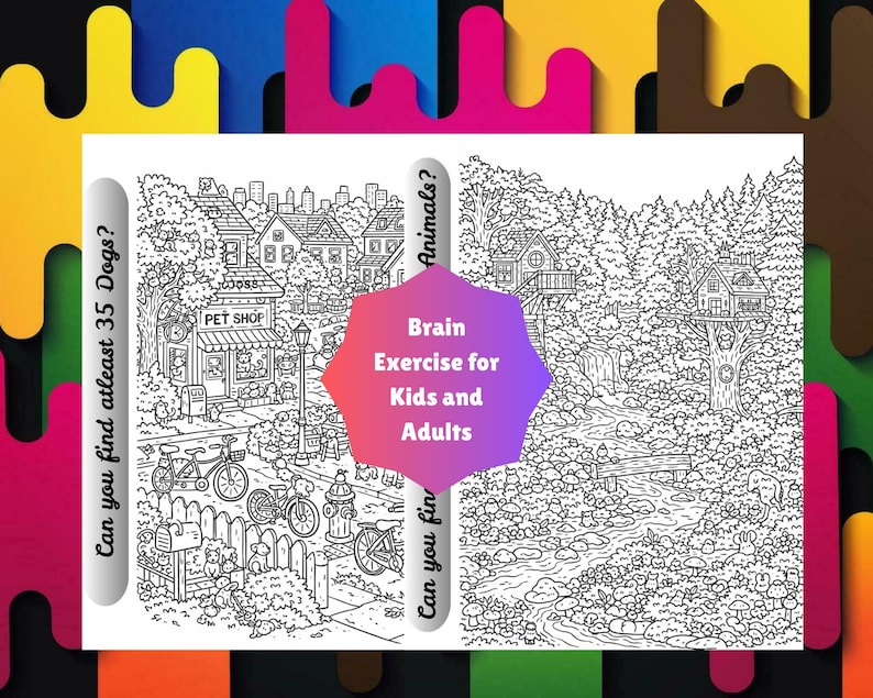 May include: Black and white brain exercise puzzle for kids and adults. The puzzle features two detailed scenes: a town with a pet shop and a forest with treehouses. Text includes "Can you find at least 35 Dogs?" and "Animals?"