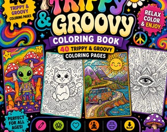 Trippy Groovy Coloring Book, 40 Bold and Easy Retro Psychedelic Coloring Pages (Printable PDF)