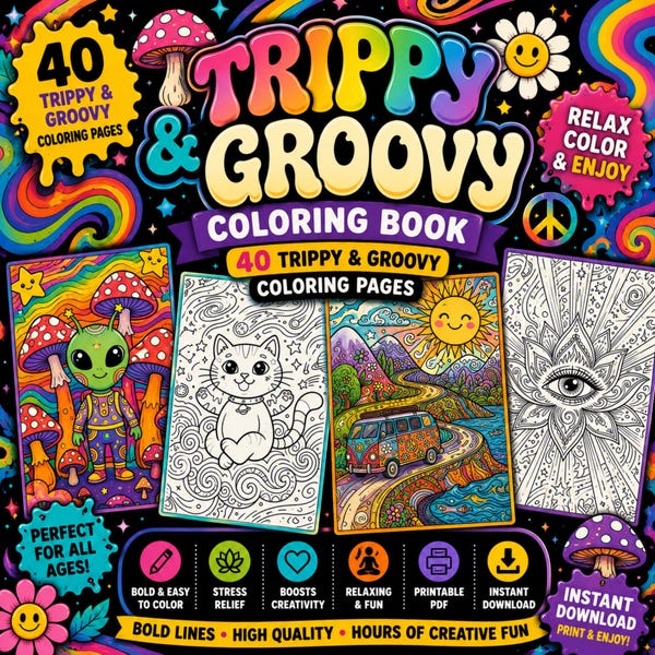 Trippy Groovy Coloring Book, 40 Bold and Easy Retro Psychedelic Coloring Pages (Printable PDF)