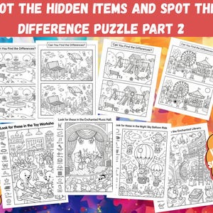 May include: A collection of black and white puzzle books with the text "SPOT THE HIDDEN ITEMS AND SPOT THE DIFFERENCE PUZZLE PART 2". The puzzles include scenes like playgrounds, toy workshops, and libraries. The text "50 PUZZLES" is also visible.