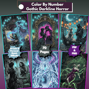 Könnte beinhalten: Eine digitale Sammlung mit dem Titel Color By Number Gothic Darkline Horror mit 70 Seiten in PDF- und PNG-Formaten. Die Kunstwerke zeigen sechs dunkle, detaillierte Szenen, darunter einen Maler mit einem Geist und eine Knochenburg.