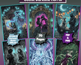 Gothic Darkline Color by Number, 35 Whimsical Gothic art, 70 pages PDF, PNG, Procreate