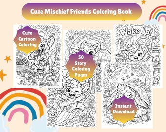 Libro para colorear de dibujos animados de Mischief Friends / 50 páginas de historias (Descarga digital)