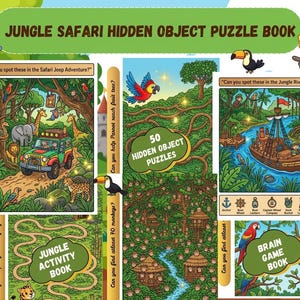 May include: A Jungle Safari Hidden Object Puzzle Book featuring colorful illustrations of a safari jeep, a river boat, and jungle scenes. The cover includes text such as 50 Hidden Object Puzzles, Jungle Activity Book, and Brain Game Book with animals.
