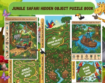 Jungle Safari Activity Book, Mazes, Hidden Picture, Find Them All Puzzles (Digital Download)