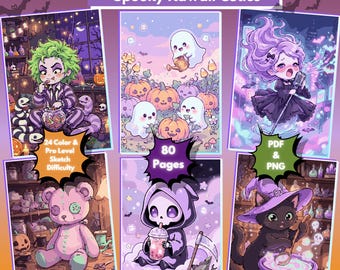 May include: A digital coloring book titled Color By Number Spooky Kawaii Cuties featuring 80 pages of illustrations. The cover displays six panels with characters including a green-haired figure, ghosts, pumpkins, a singer, a bear, and a cat.