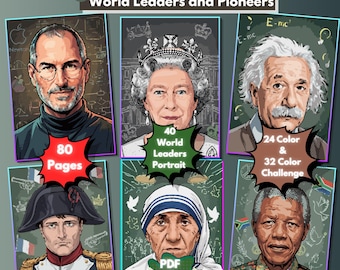 World Leaders Pioneers Color by Number, 40 Portraits, 24/32 Color Challenge (Digital Download)