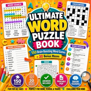 May include: An Ultimate Word Puzzle Book cover featuring a word search, crossword, word scramble, word riddles, and a maze. The design includes a lightbulb icon, colorful letters, and circular badges highlighting 150 puzzles and 30 bonus mazes.