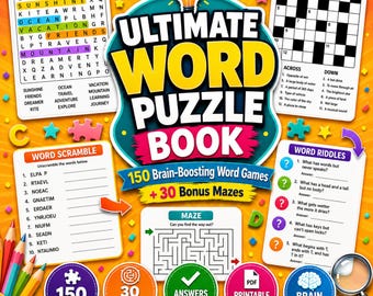 180 Woordzoekers, kruiswoordpuzzels, woordpuzzels, raadsels en doolhoven - printbare PDF (digitale download)
