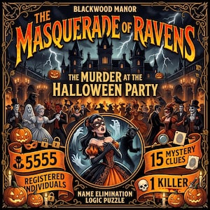 May include: A Blackwood Manor The Masquerade of Ravens The Murder at the Halloween Party name elimination logic puzzle box featuring a gothic castle, jack-o'-lanterns, costumed party guests, a central masked figure, 5555 registered individuals, 15 mystery clues, and 1 killer.
