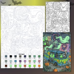 May include: A paint-by-number kit featuring a cartoon van filled with glowing green potions, a scientist, and swirling ghosts. The set includes a numbered outline sheet, a color legend with hex codes, and a finished reference image in full color.