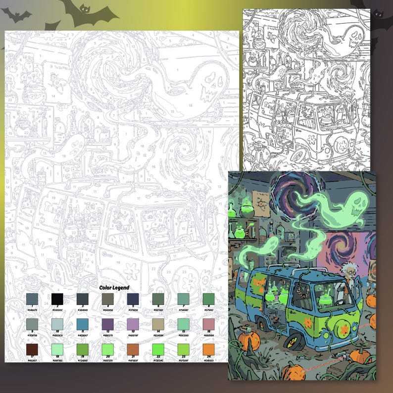 May include: A paint-by-number kit featuring a cartoon van filled with glowing green potions, a scientist, and swirling ghosts. The set includes a numbered outline sheet, a color legend with hex codes, and a finished reference image in full color.
