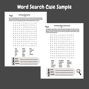 Pu&ograve; includere: Due fogli di cruciverba in bianco e nero intitolati Word Search Case Sample. Ogni pagina presenta una storia misteriosa, una griglia di lettere, un elenco di parole da trovare e una sezione con icone per assassino, metodo e luogo da compilare.