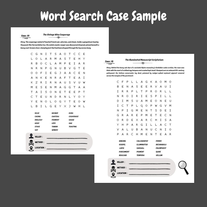 Pu&ograve; includere: Due fogli di cruciverba in bianco e nero intitolati Word Search Case Sample. Ogni pagina presenta una storia misteriosa, una griglia di lettere, un elenco di parole da trovare e una sezione con icone per assassino, metodo e luogo da compilare.
