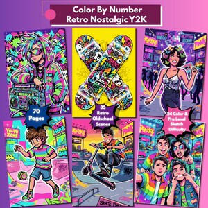 May include: A color-by-number book titled Color By Number Retro Nostalgic Y2K featuring 70 pages of 35 retro oldschool scenes. The cover displays vibrant illustrations of a person with a boombox, crossed skateboards, a disco scene, a person with a yo-yo, a person on a scooter, and a group selfie, all in bright neon colors.