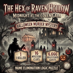 Può includere: Un gioco di mistero e omicidio di Halloween intitolato The Hex of Raven Hollow: Midnight at the Coven Gala. L'immagine mostra un maniero oscuro, un detective con una lanterna, zucche e riquadri con 1 assassino, 16 indizi e 6.666 ospiti.