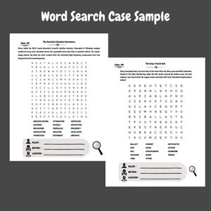 Pu&ograve; includere: Due fogli di carta bianchi intitolati Word Search Case Sample che presentano Case 20 The Anechoic Chamber Resonance e Case 10 The Deep Trench Sub. Ogni pagina contiene una storia, una griglia di lettere, un elenco di parole e una sezione per Killer, Method e Location.