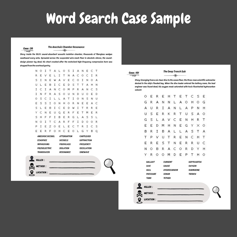 Pu&ograve; includere: Due fogli di carta bianchi intitolati Word Search Case Sample che presentano Case 20 The Anechoic Chamber Resonance e Case 10 The Deep Trench Sub. Ogni pagina contiene una storia, una griglia di lettere, un elenco di parole e una sezione per Killer, Method e Location.