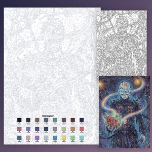 May include: A paint-by-number kit featuring a numbered outline of a humanoid figure holding a puzzle box, accompanied by a color legend and a finished reference image. The design includes intricate chains and a rainbow swirl effect.
