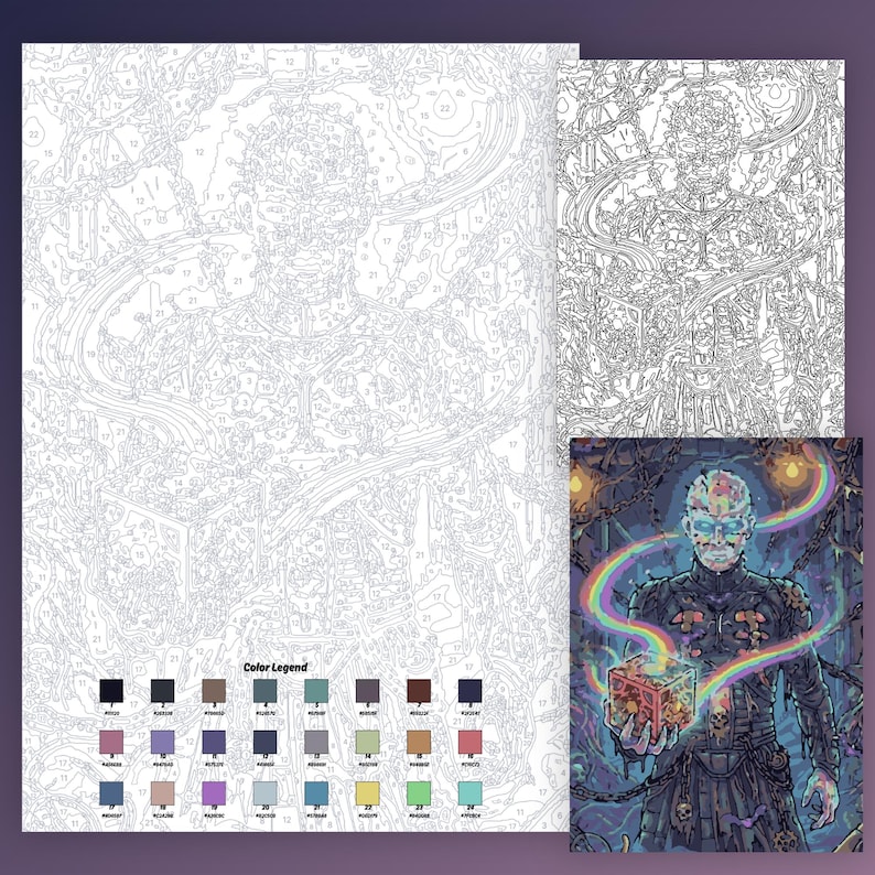 May include: A paint-by-number kit featuring a numbered outline of a humanoid figure holding a puzzle box, accompanied by a color legend and a finished reference image. The design includes intricate chains and a rainbow swirl effect.