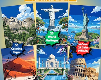 Color By Number, Famous Landmarks Coloring Book, 25 Iconic World Heritages, 16-24 Colors PDF