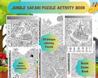 Libro de actividades de safari en la jungla, laberintos, imágenes ocultas, rompecabezas para encontrarlas todas (descarga digital)