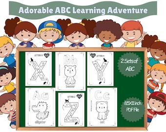Aventura de aprendizaje para baby shower con el alfabeto / Trazado del alfabeto / Colorear animales / Laberintos del alfabeto para niños