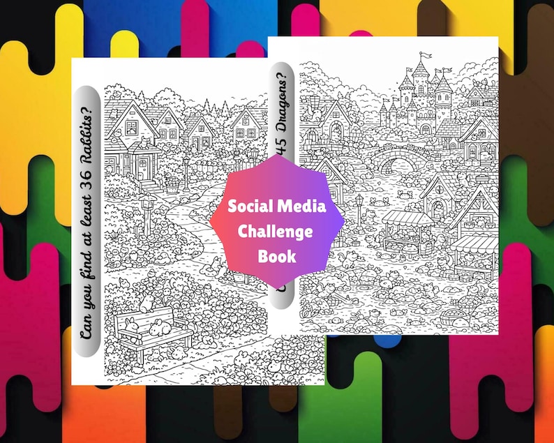 May include: A black and white Social Media Challenge Book with two detailed illustrations. One illustration asks "Can you find at least 36 Rabbits?" and the other asks "45 Dragons?" The book features intricate drawings of villages and castles.