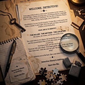 Pu&ograve; includere: Una pagina di un libro di misteri criminali intitolata WELCOME, DETECTIVE! con carta invecchiata, una chiave antica in metallo su una catena, una lente d'ingrandimento, un accendino in metallo, una penna e pezzi di puzzle sparsi. Il testo descrive il gioco.