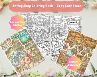 Libro para colorear de una tienda de primavera / Interiores de tiendas acogedoras, sencillos y llamativos, 40 páginas (descarga digital)