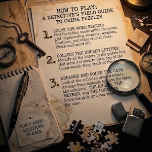 Pu&ograve; includere: Un documento intitolato HOW TO PLAY: A DETECTIVE'S FIELD GUIDE TO CRIME PUZZLES con tre passaggi numerati. &Egrave; circondato da una bussola vintage, una chiave in metallo, una lente d'ingrandimento, una penna, un accendino e pezzi di puzzle.