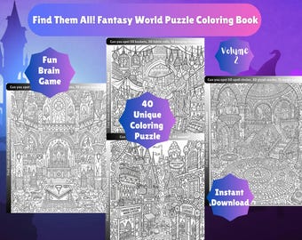 Libro de rompecabezas para colorear con objetos ocultos de fantasía / 40 escenas mágicas únicas (Descarga digital Vol. 2.0)
