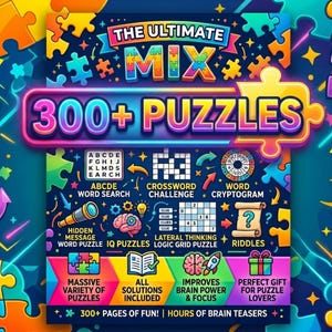 Op de afbeelding: Een kleurrijke puzzelboekcover met de titel The Ultimate Mix 300+ Puzzles. Het ontwerp bevat diverse iconen die woordzoekers, kruiswoordpuzzels, cryptogrammen, logische rasters en raadsels voorstellen op een donkerblauwe achtergrond.