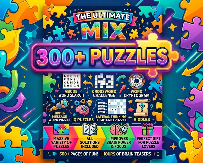 Op de afbeelding: Een kleurrijke puzzelboekcover met de titel The Ultimate Mix 300+ Puzzles. Het ontwerp bevat diverse iconen die woordzoekers, kruiswoordpuzzels, cryptogrammen, logische rasters en raadsels voorstellen op een donkerblauwe achtergrond.