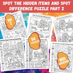 May include: A collection of black and white spot-the-difference puzzle books. The cover text reads "Spot the Hidden Items and Spot Difference Puzzle Part 2". The books feature various scenes, including a toy workshop, playground, and carnival. One cover says "Vol 2", another says "50 Puzzles", and another says "With solutions".