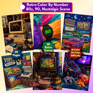 Può includere: Un libro da colorare con i numeri intitolato Retro Color By Number 80s, 90, Nostalgic Scene con 60 pagine di illustrazioni. La copertina mostra un orologio digitale, un drive-in, una collezione di vinili e una sala giochi con 30 scene.