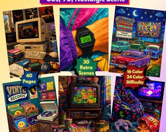 Retro Color by Number Book, 80s 90s Nostalgic Scenes, 60 pages, 24 colors, Printable