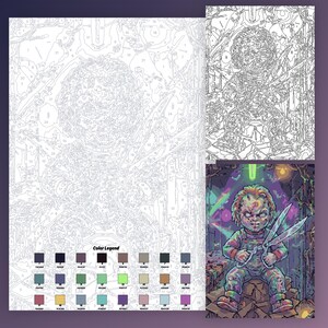 May include: A paint-by-number kit featuring a line art template of a doll holding large scissors, with numbered sections and a color legend at the bottom. A finished, colorful version of the illustration is displayed in the lower right corner.