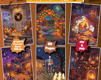 May include: A digital color-by-number book titled Color By Number Spooky Cozy & Hyggoween featuring 80 pages of Halloween illustrations. The cover displays six scenes including a porch, pumpkin arch, blanket fort, street, skeleton, and fireplace.
