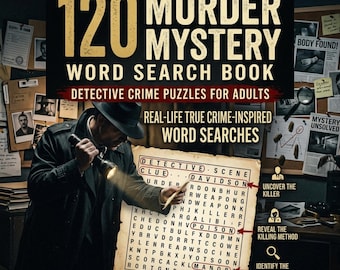 Murder Mystery Word Search Book, True Crime Inspired Detective Puzzles for Adults, Printable PDF