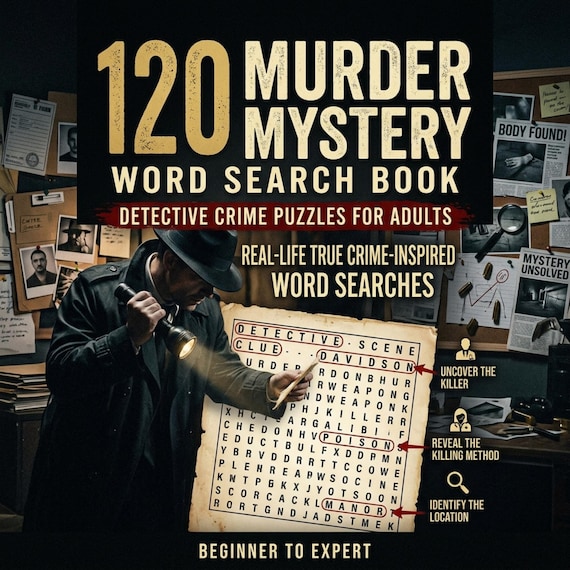 Murder Mystery Word Search Book, True Crime Inspired Detective Puzzles for Adults, Printable PDF