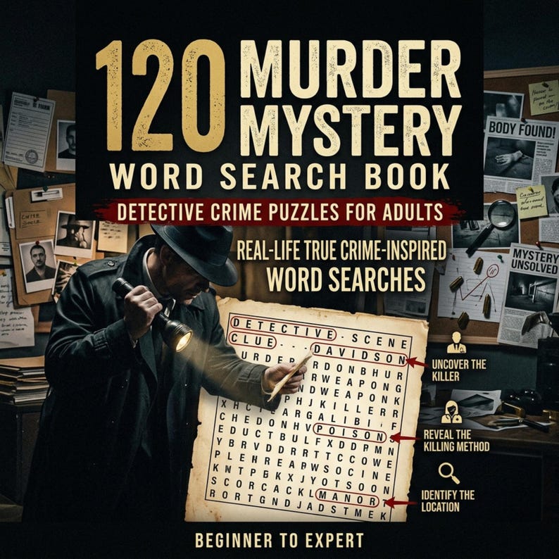 Pu&ograve; includere: Un libro di ricerca parole 120 Murder Mystery con enigmi criminali per adulti. La copertina mostra una persona con cappello e impermeabile che tiene una torcia su una griglia con parole cerchiate come Detective, Clue e Poison.