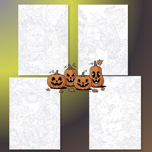 May include: Four orange jack-o'-lanterns with carved faces and green stems sit in front of four white rectangular coloring pages. Each page features detailed line art illustrations of various cartoon characters and Halloween-themed scenes.