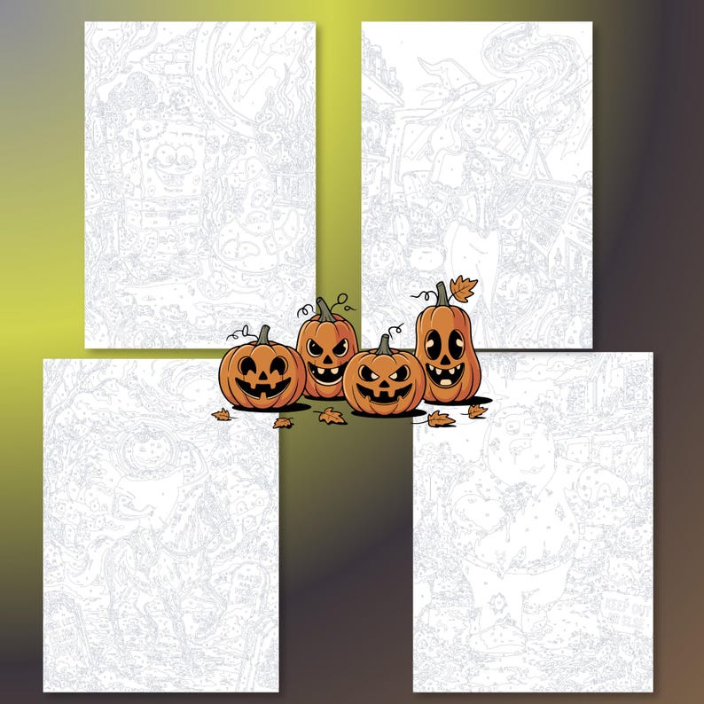 May include: Four orange jack-o'-lanterns with carved faces and green stems sit in front of four white rectangular coloring pages. Each page features detailed line art illustrations of various cartoon characters and Halloween-themed scenes.