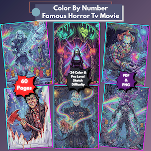 May include: A digital color-by-number collection featuring six horror-themed illustrations with vibrant rainbow accents. The text reads Color By Number Famous Horror Tv Movie, 60 Pages, 24 Color & Pro Level Sketch Difficulty, and PDF & PNG.